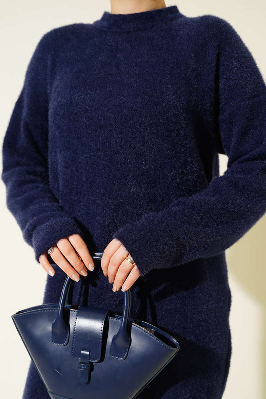 Navy Blue Crew Neck Sweater With Beard Detail