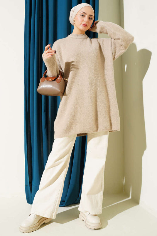 Bisiklet Yaka Sakal Detaylı Kazak Latte