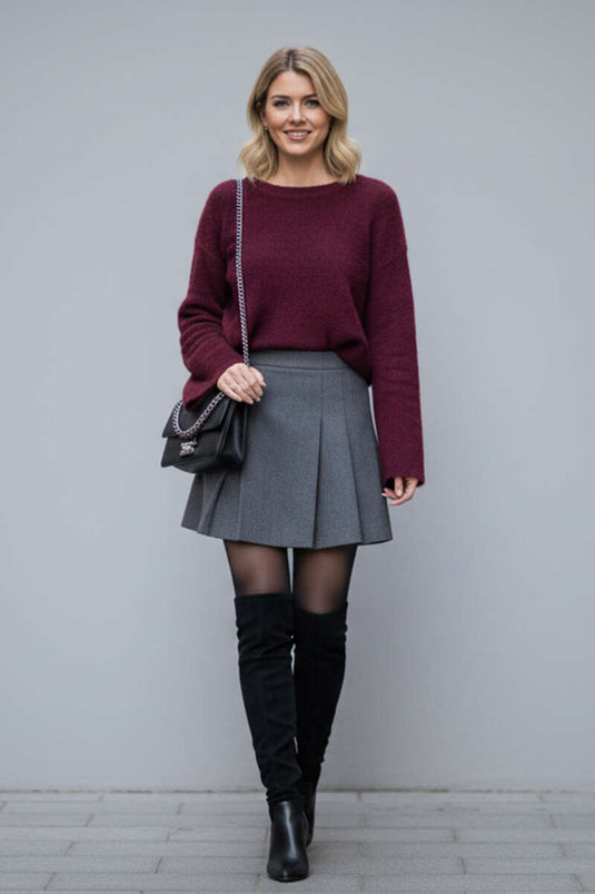 Rundhalspullover mit Bartmuster, Burgunderrot