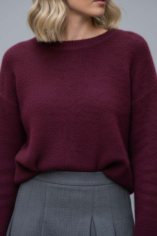 Rundhalspullover mit Bartmuster, Burgunderrot