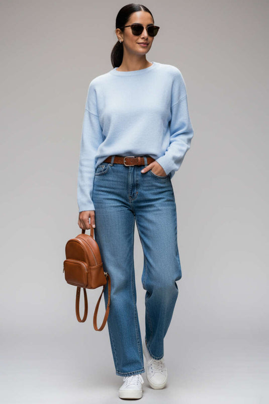 Crew Neck Sweater with Beard Pattern, Blue