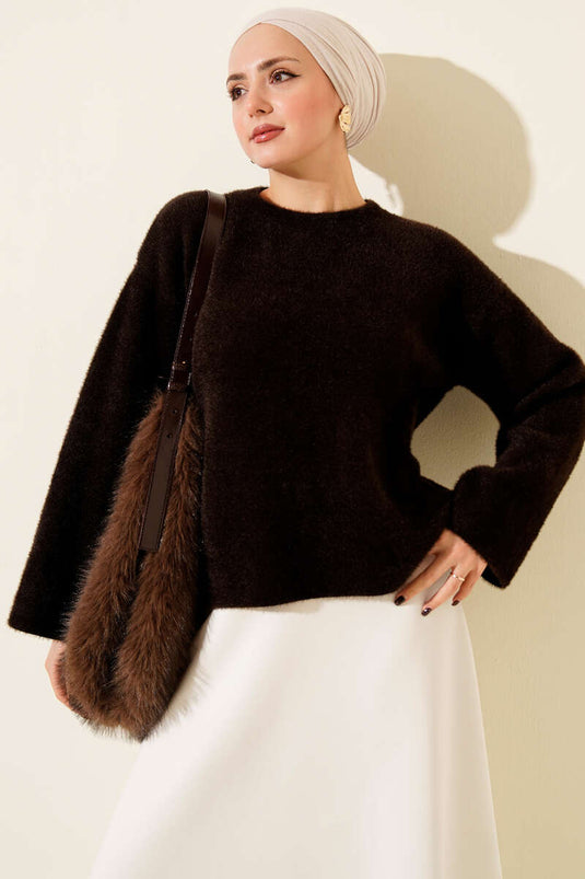 Crew Neck Loose Fit Sweater with Beard Pattern, Brown