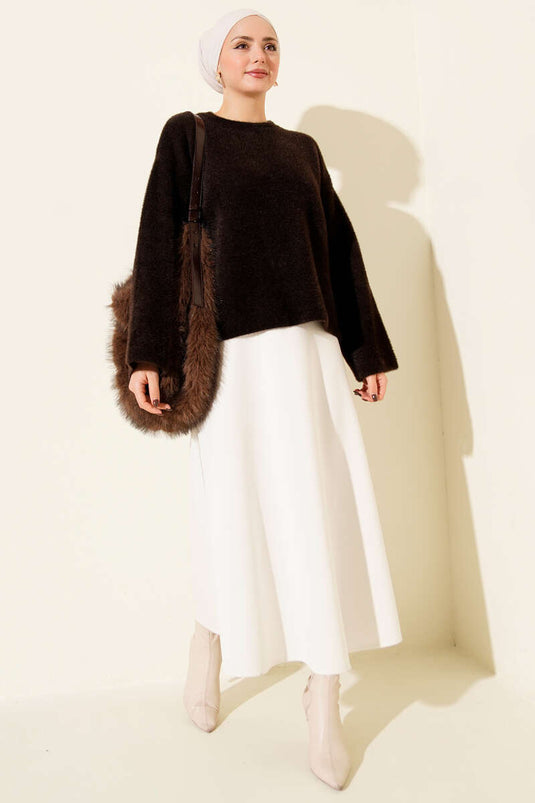 Pull à col rond et coupe ample, motif barbe, marron