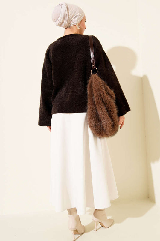 Pull à col rond et coupe ample, motif barbe, marron