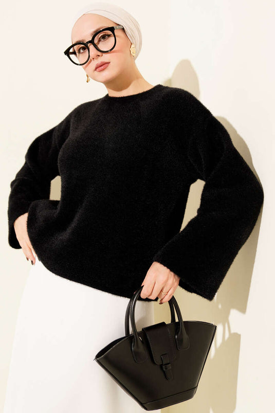 Crew Neck Loose Fit Sweater with Beard Pattern, Black