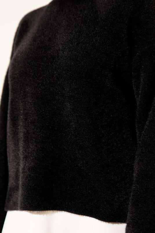 Crew Neck Loose Fit Sweater with Beard Pattern, Black