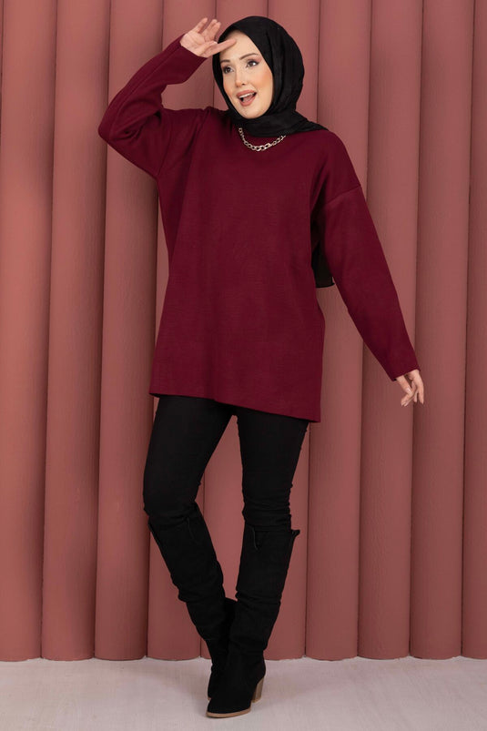 Bisiklet Yaka Salaş Triko Tunik Bordo