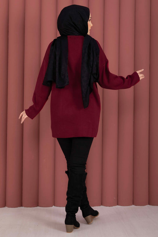 Bisiklet Yaka Salaş Triko Tunik Bordo