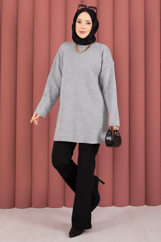 Tunique en tricot ample à col rond gris