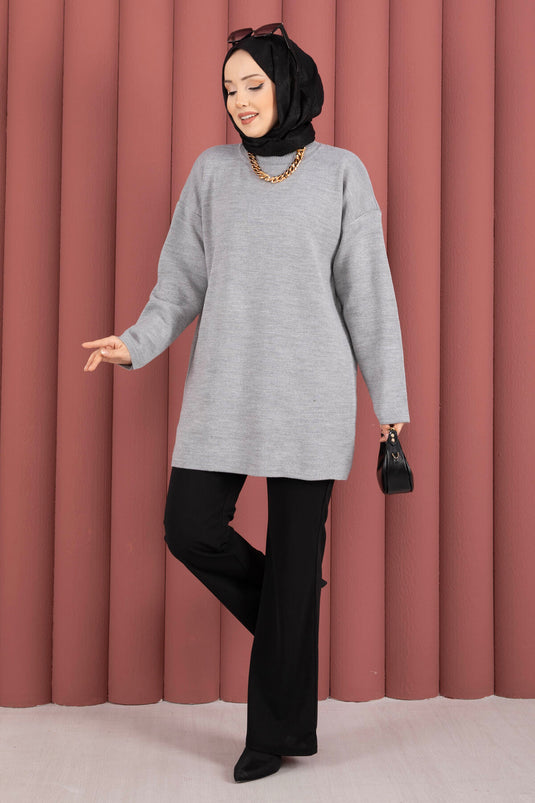 Tunique en tricot ample à col rond gris
