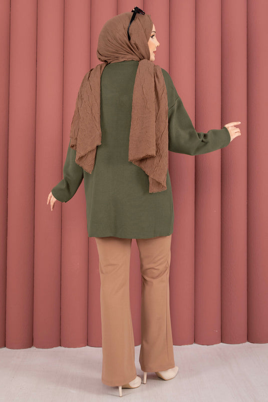 تونيك تريكو فضفاض بياقة دائرية باللون الأخضر الزيتوني