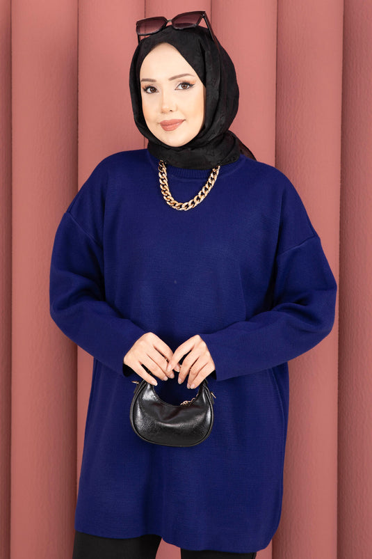 تونيك تريكو فضفاض بياقة دائرية باللون الأزرق الداكن