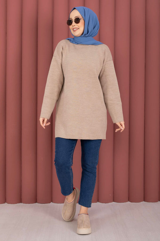 تونيك تريكو واسع بياقة دائرية باللون الحجري