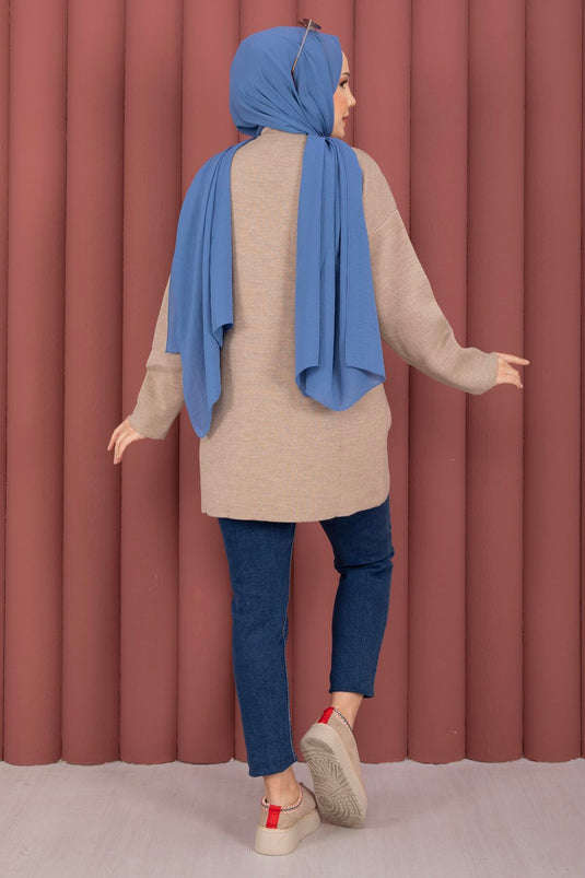 تونيك تريكو واسع بياقة دائرية باللون الحجري