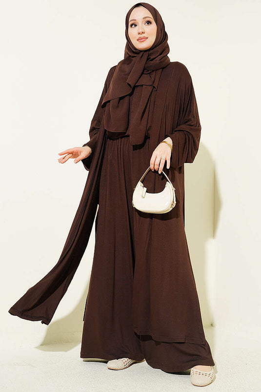 Loose Fit Three-Piece Set with Crew Neck in Coffee