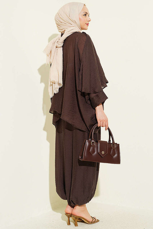 Brown Two-Piece Set with Crew Neck and Harem Pants