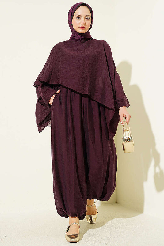 Ensemble Deux Pièces Modeste avec Pantalon Sarouel et Col Rond Couleur Mûre