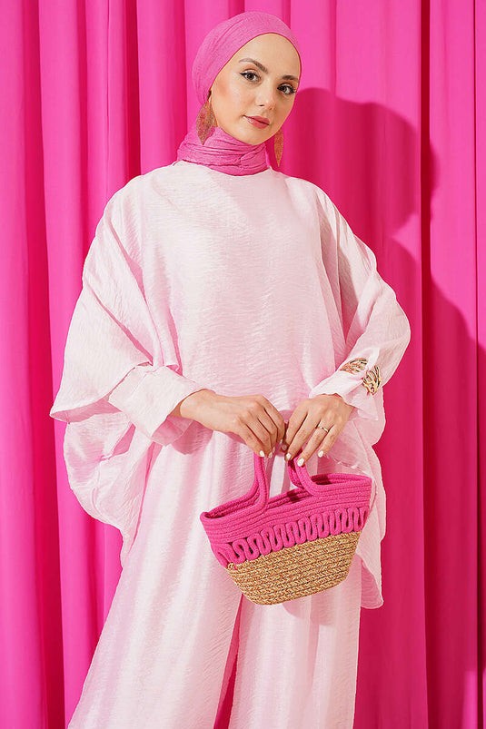 Bisiklet Yaka Şalvar İkili Takım Pembe