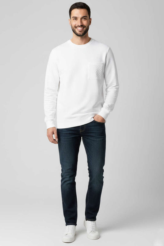 Sweat-shirt pour homme à col rond en molleton gratté triple fil blanc
