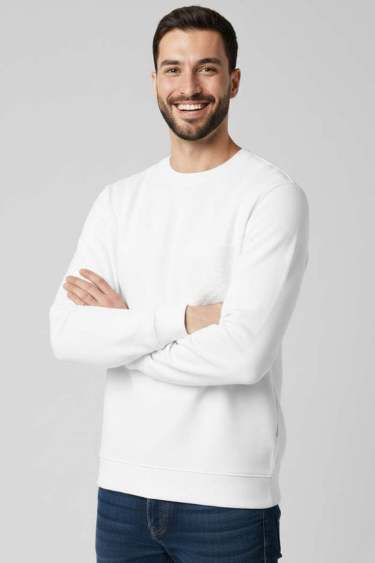 Sweat-shirt pour homme à col rond en molleton gratté triple fil blanc