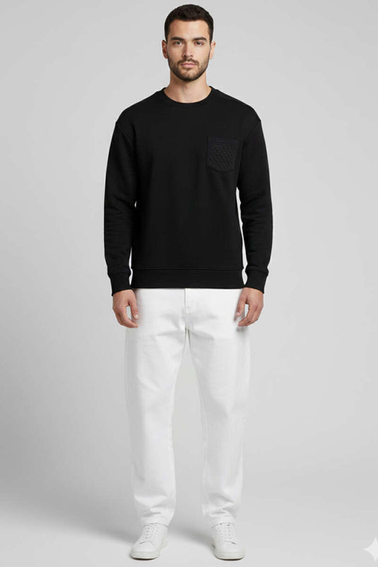 Rundhalsausschnitt, angerauter Dreifaden Herrenpullover Schwarz