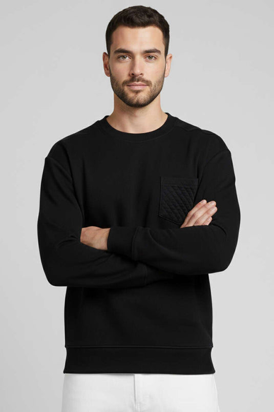 Rundhalsausschnitt, angerauter Dreifaden Herrenpullover Schwarz