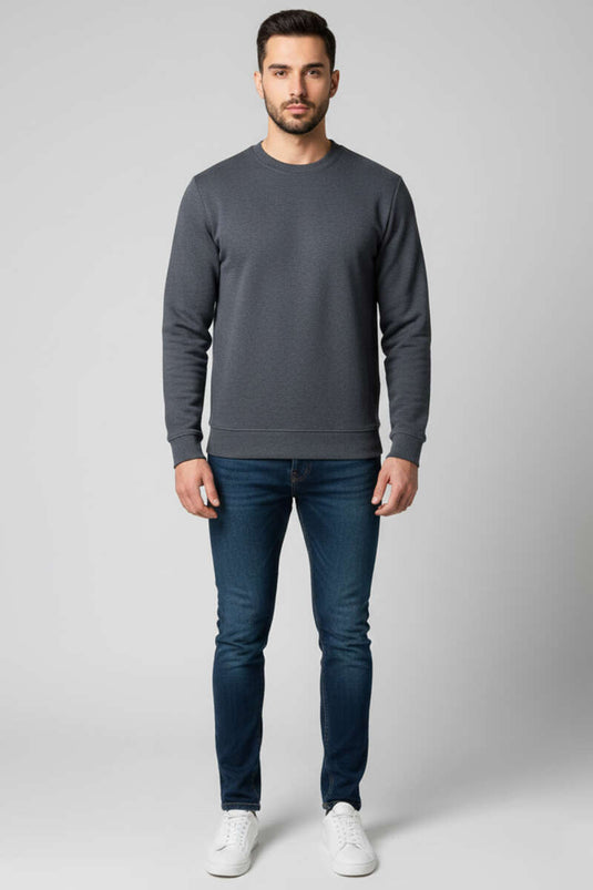 Sweat-shirt homme col rond en molleton gris fumé