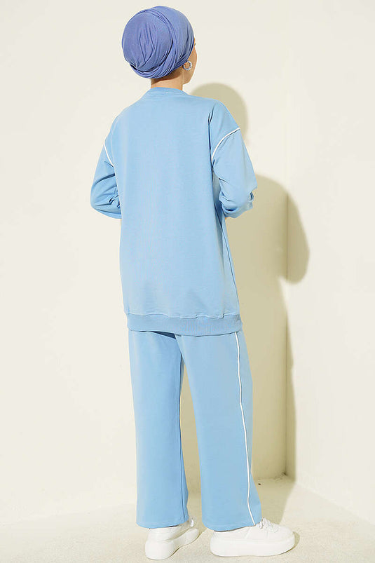 Bisiklet Yaka Şeritli İkili Takım Mavi