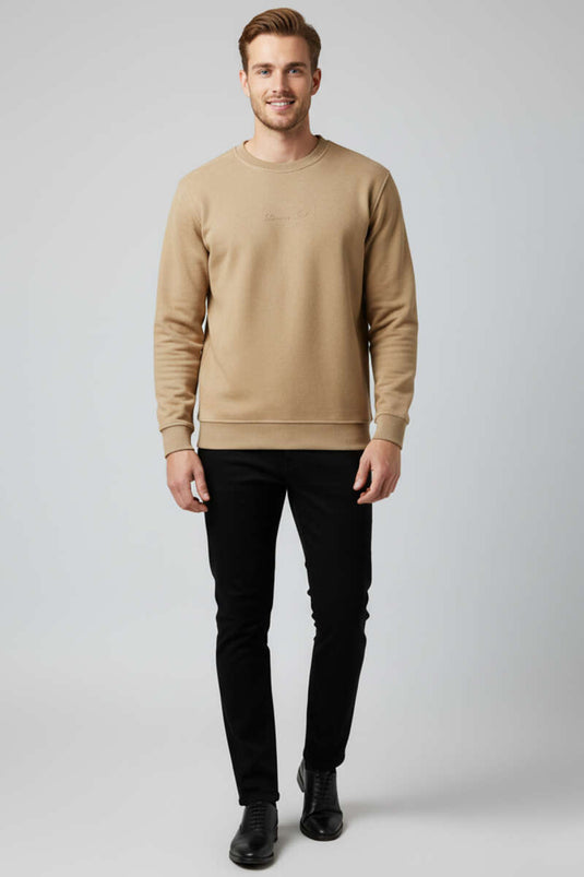 سويت شيرت رجالي من الجلد المدبوغ برقبة دائرية، لون لاتيه