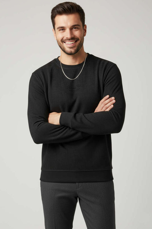 سويت شيرت رجالي أسود من الجلد المدبوغ برقبة دائرية