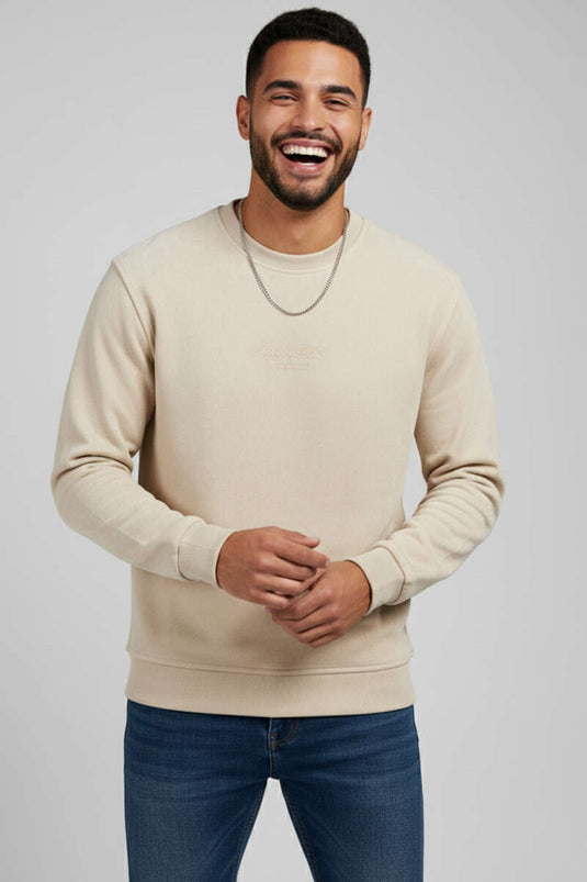 Herren-Sweatshirt aus Wildleder mit Rundhalsausschnitt in Steinfarbe