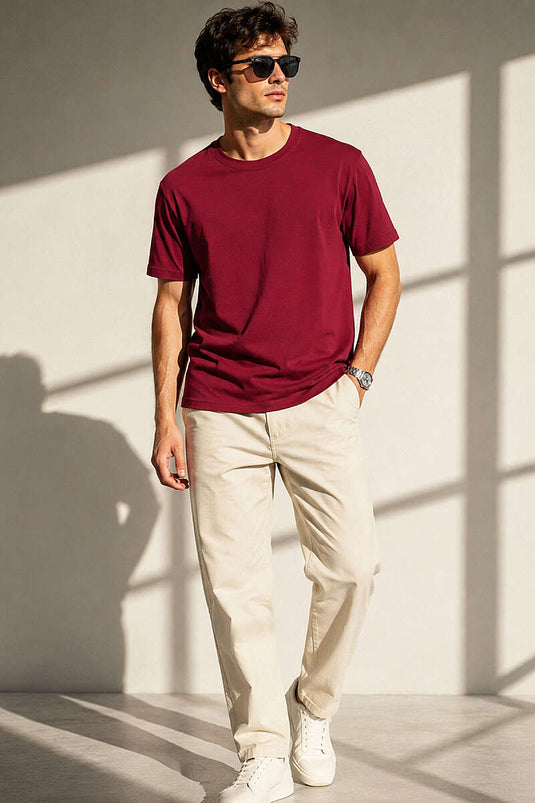 Bisiklet Yaka Süprem Erkek T-shirt Bordo