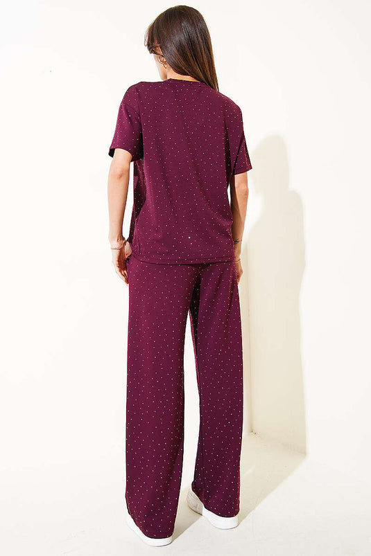 Crew Neck Stone-Embellished Two-Piece Set in Burgundy