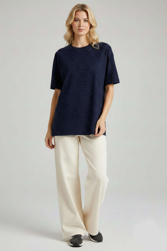 Navy Blue Round Neck T-shirt with Stones