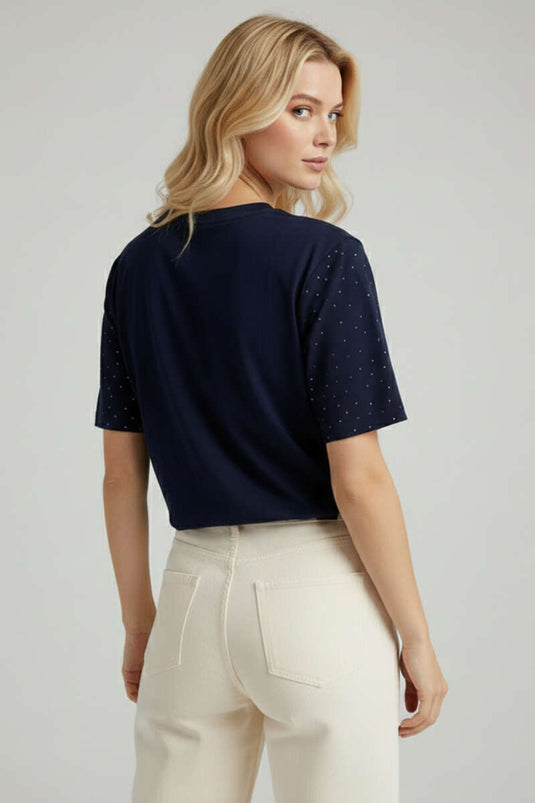 Navy Blue Round Neck T-shirt with Stones