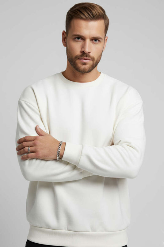 Sweat-shirt à col rond trois fils, écru