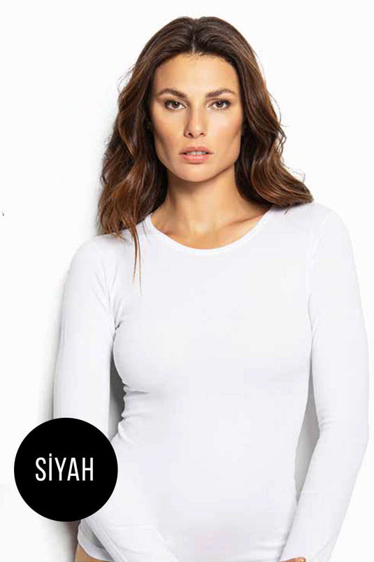 Schwarzer Body mit Rundhalsausschnitt und langen Ärmeln