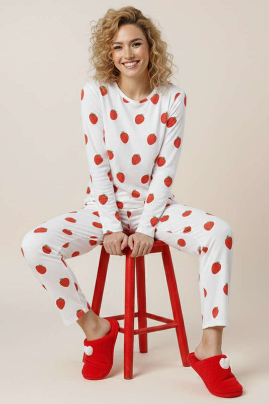 Round Neck Long Sleeve Patterned Pajama Set White