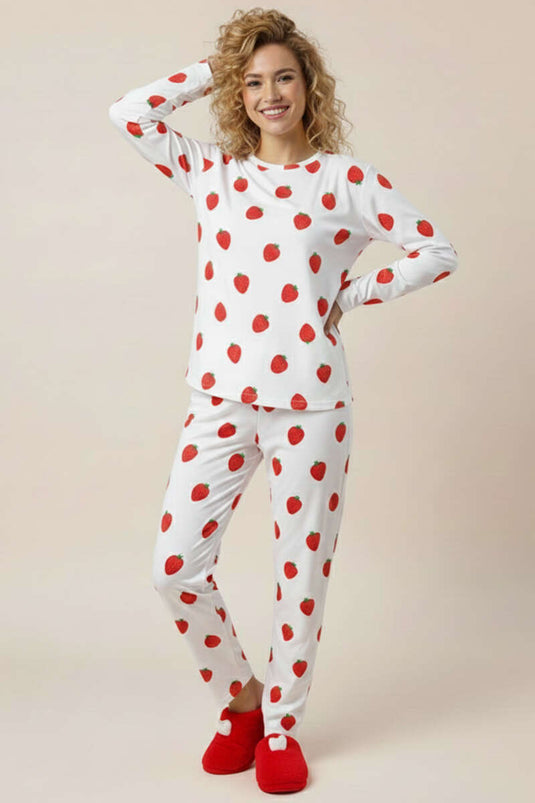 Round Neck Long Sleeve Patterned Pajama Set White