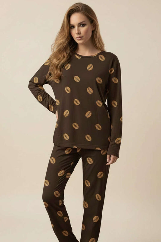Round Neck Long Sleeve Patterned Pajama Set Brown
