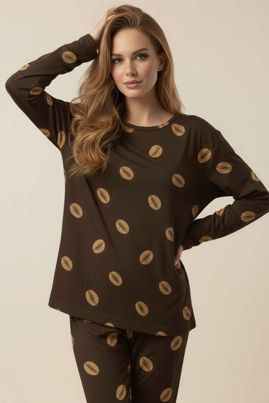 Round Neck Long Sleeve Patterned Pajama Set Brown
