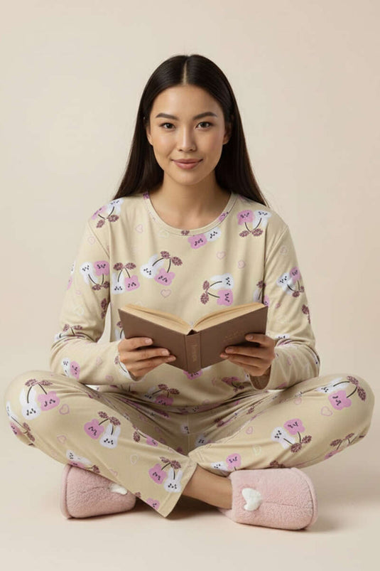 Crew Neck Long Sleeve Patterned Pajama Set Cream