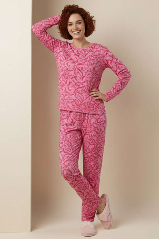 Round Neck Long Sleeve Patterned Pajama Set Pink