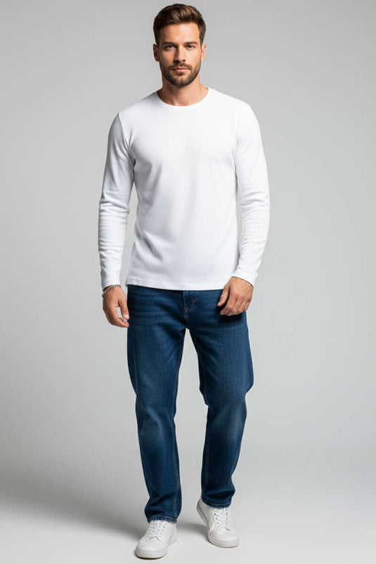 سويت شيرت رجالي بياقة دائرية بنمط الوافل، لون بيج فاتح