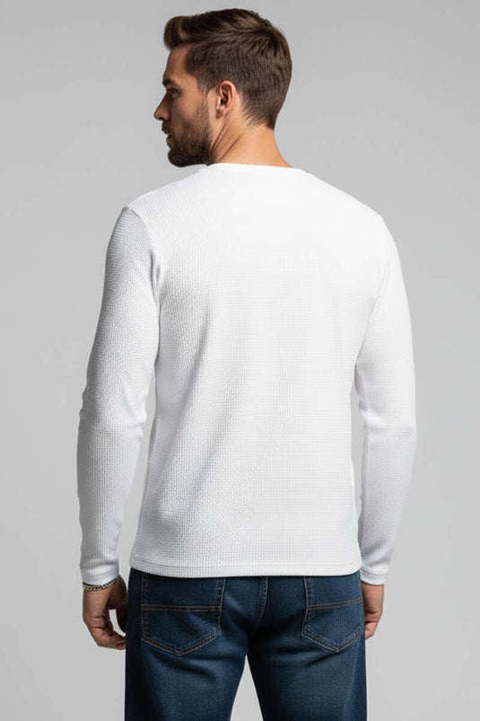 سويت شيرت رجالي بياقة دائرية بنمط الوافل، لون بيج فاتح
