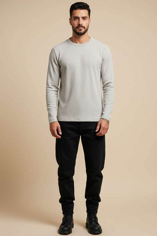 سويت شيرت رجالي رمادي اللون بياقة دائرية بنمط الوافل