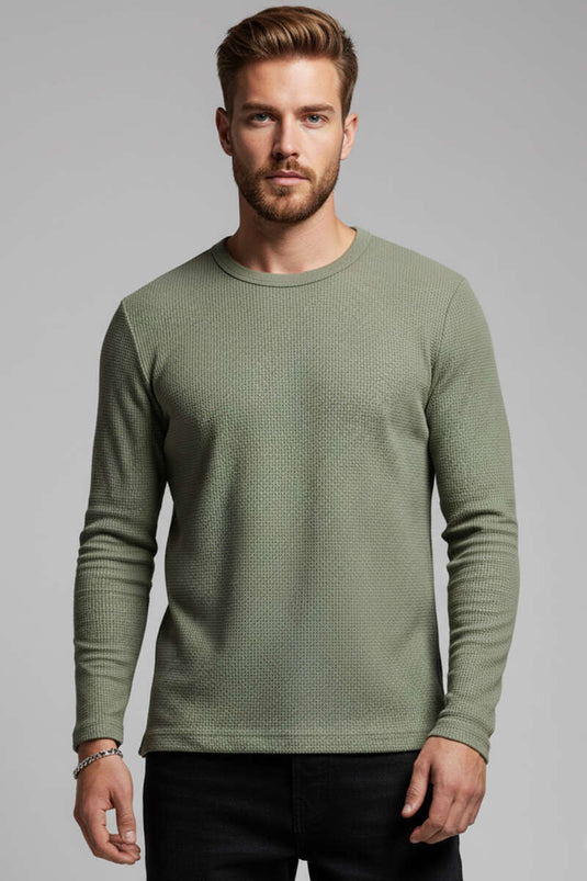 Crew Neck Waffle Men's Sweatshirt Khaki