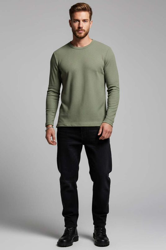 سويت شيرت رجالي بياقة دائرية بنمط الوافل، لون كاكي