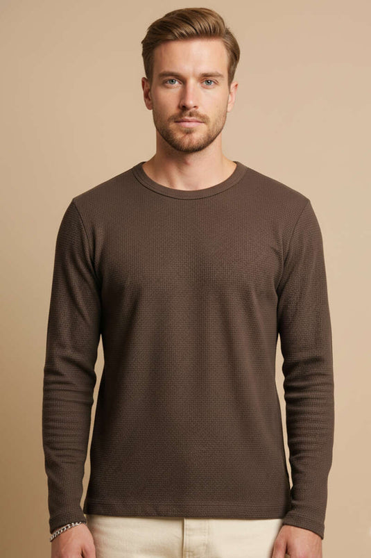 Sweat-shirt homme à col rond en maille gaufrée, couleur café
