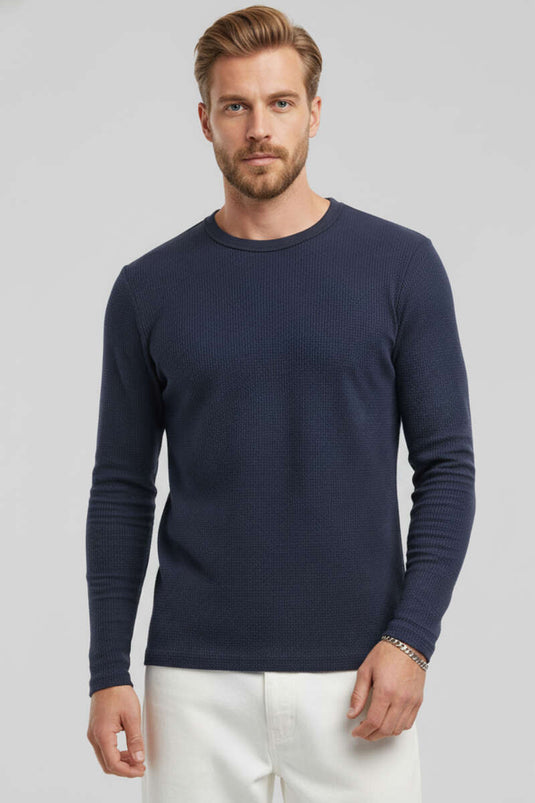 Sweat-shirt homme à col rond en maille gaufrée bleu marine